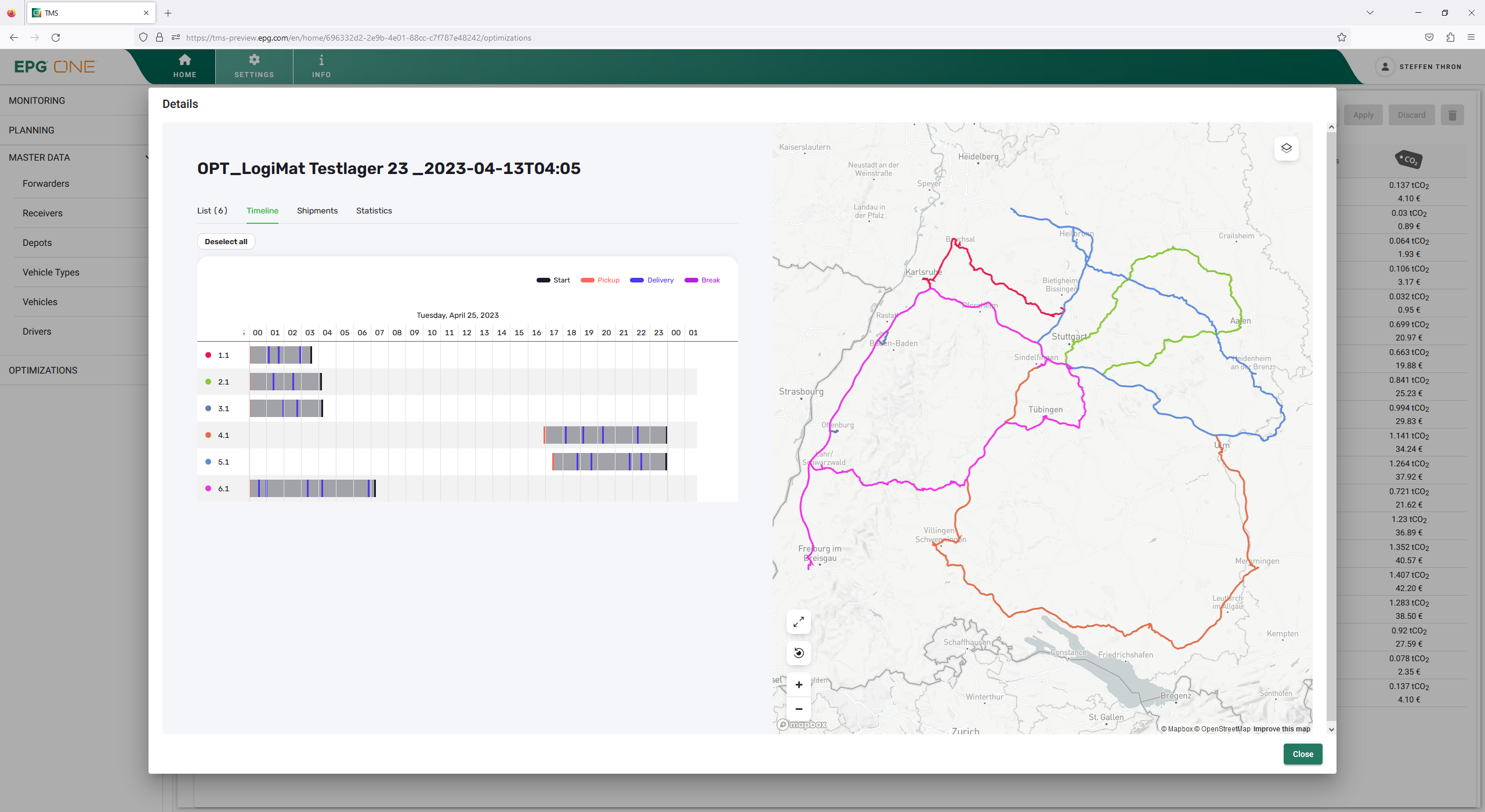 EPG TMS Software - Returning to the overall tour plan, this screen displays details. A timeline across the entire day summarizes information for all vehicles. Each driver's actions are represented by different colors, providing an overview of how their time is being utilize