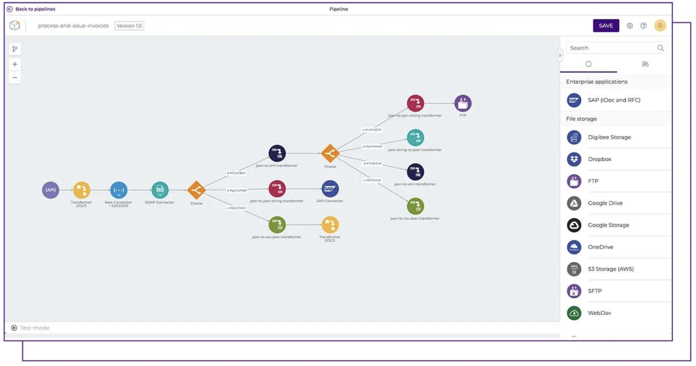 Digibee screenshot: Digibee Low Code Interface - Our low-code interface allows integrations to built quickly and easily using our drag and drop canvas.