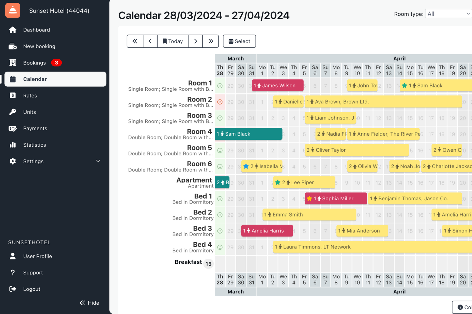 Sirvoy’s calendar page is at the core of your productivity. From it, you can perform many essential actions and see a big-picture overview of bookings, units, availability, selected extras, and housekeeping status. 