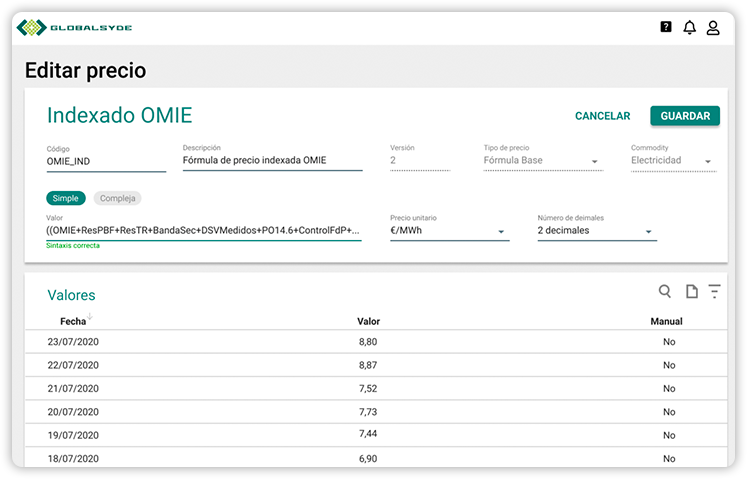 Configure from the simplest fixed price to the most complex formulas using pre-configured operands and indexes. Whatever you need, you can create it from the formula editor.