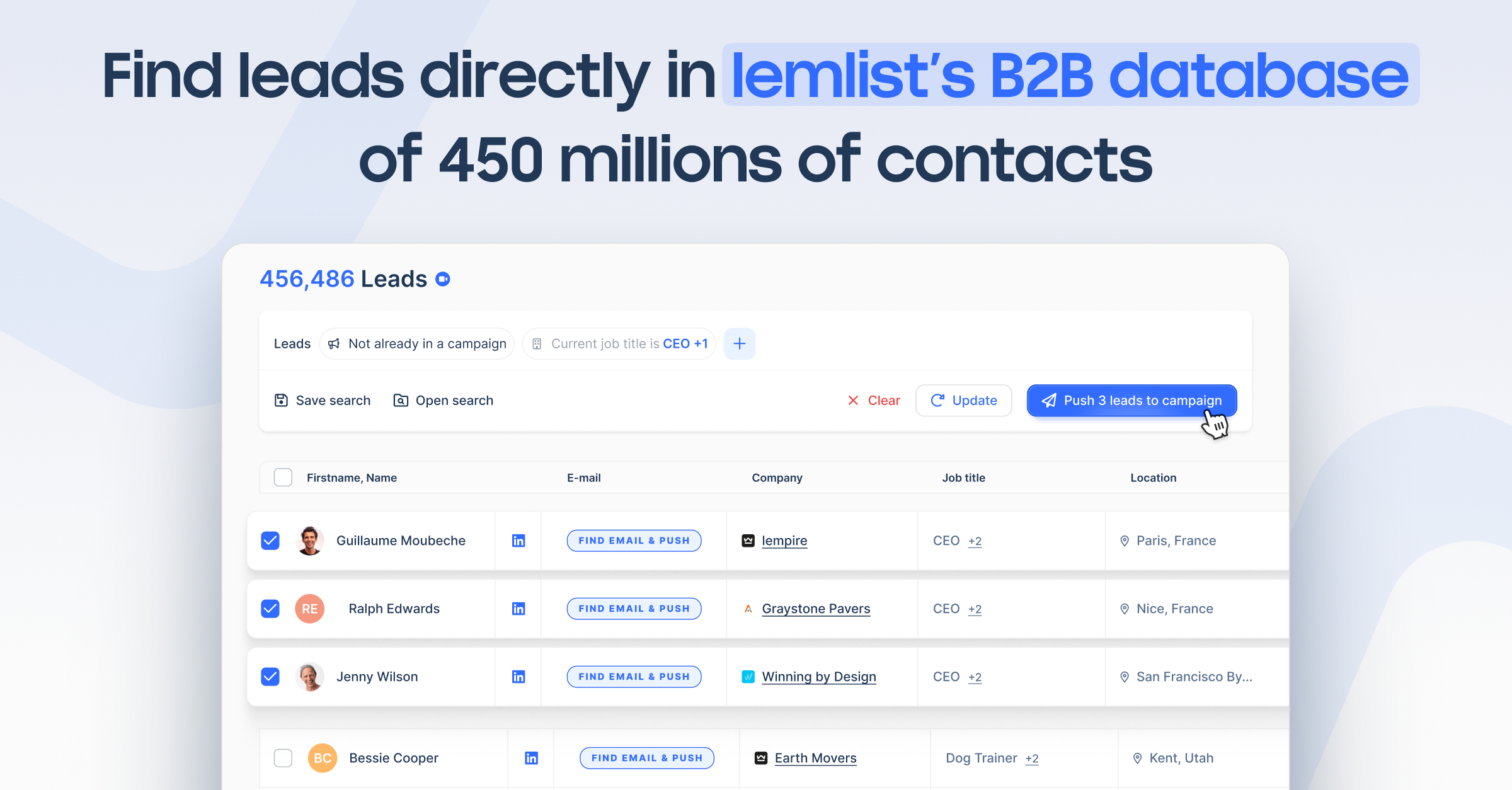 Access lemlist's AI-powered B2B database of 450 million+ contacts and reach out to highly relevant leads with just 1 click.