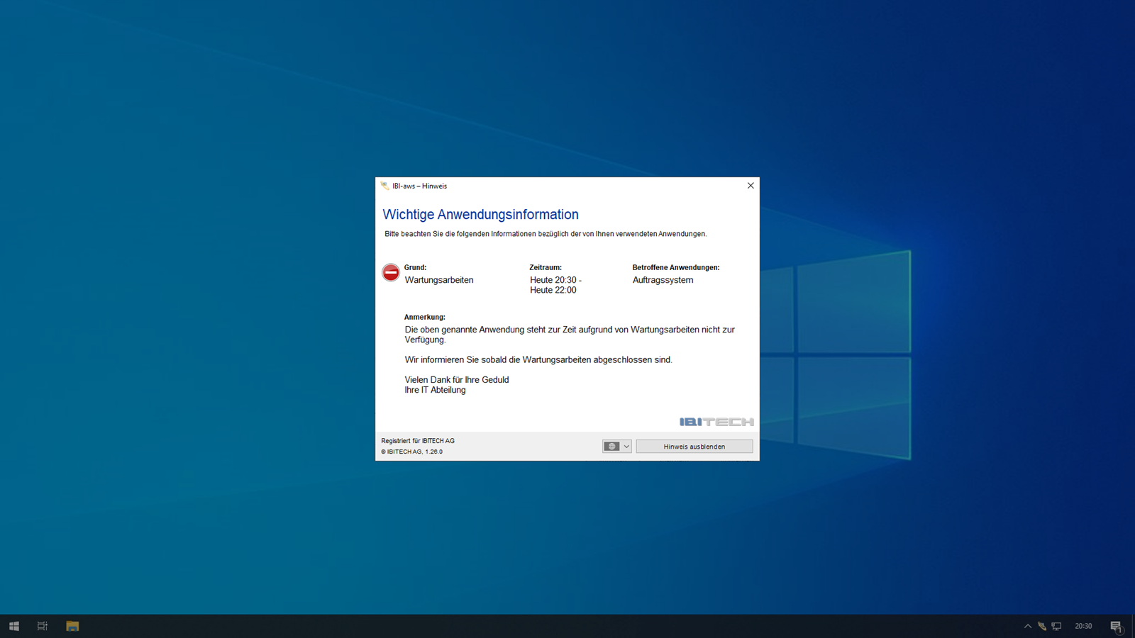 IBI-aws screenshot: Bsp. für einen anwendungsspezifischen Hinweis