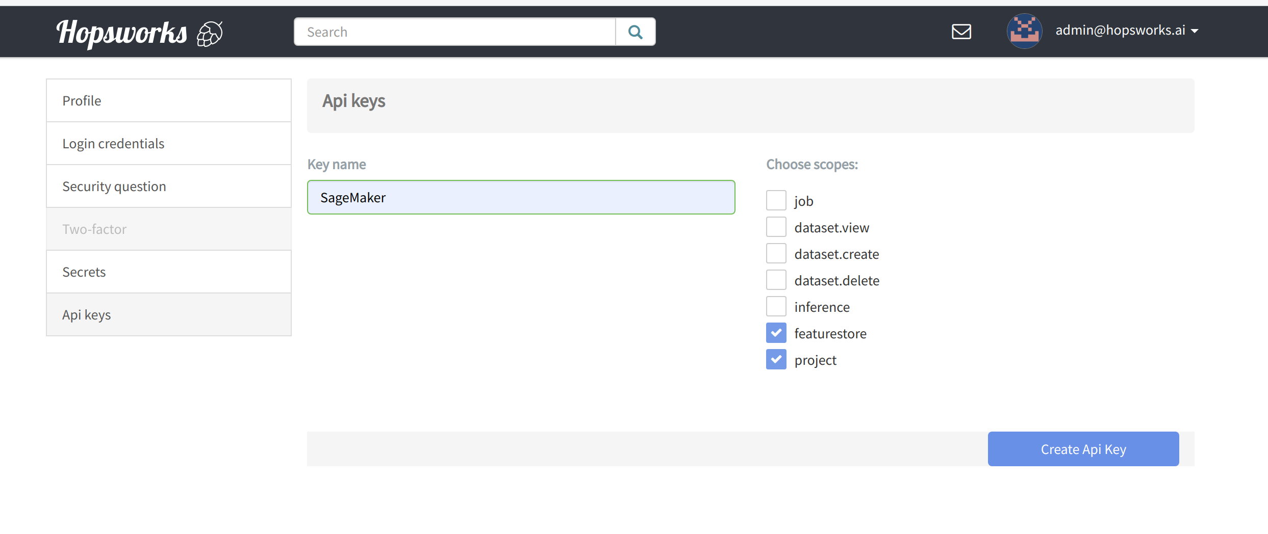 Hopsworks API key generation