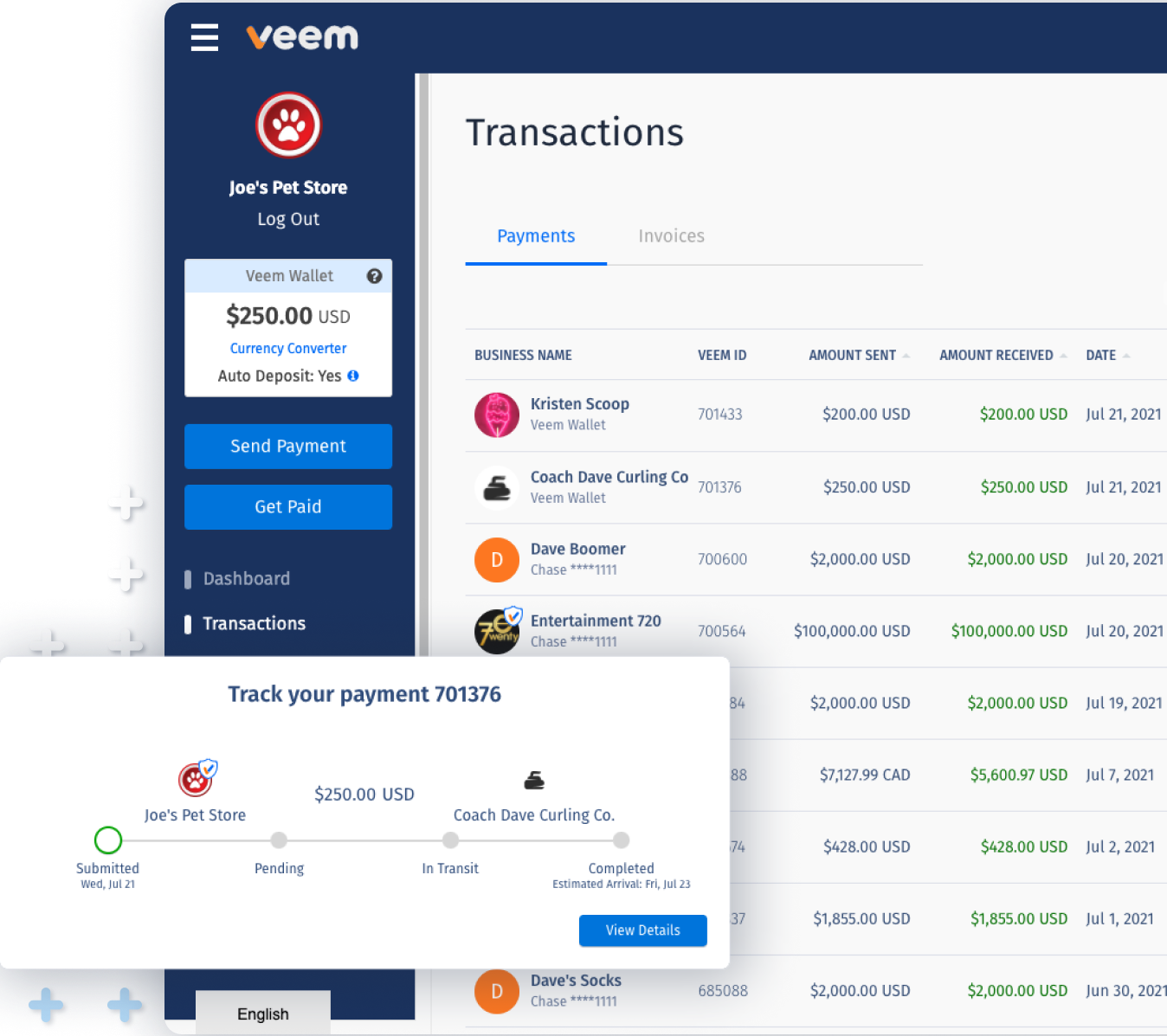 Veem Dashboard. Send and receive payments all while tracking where your money is.
