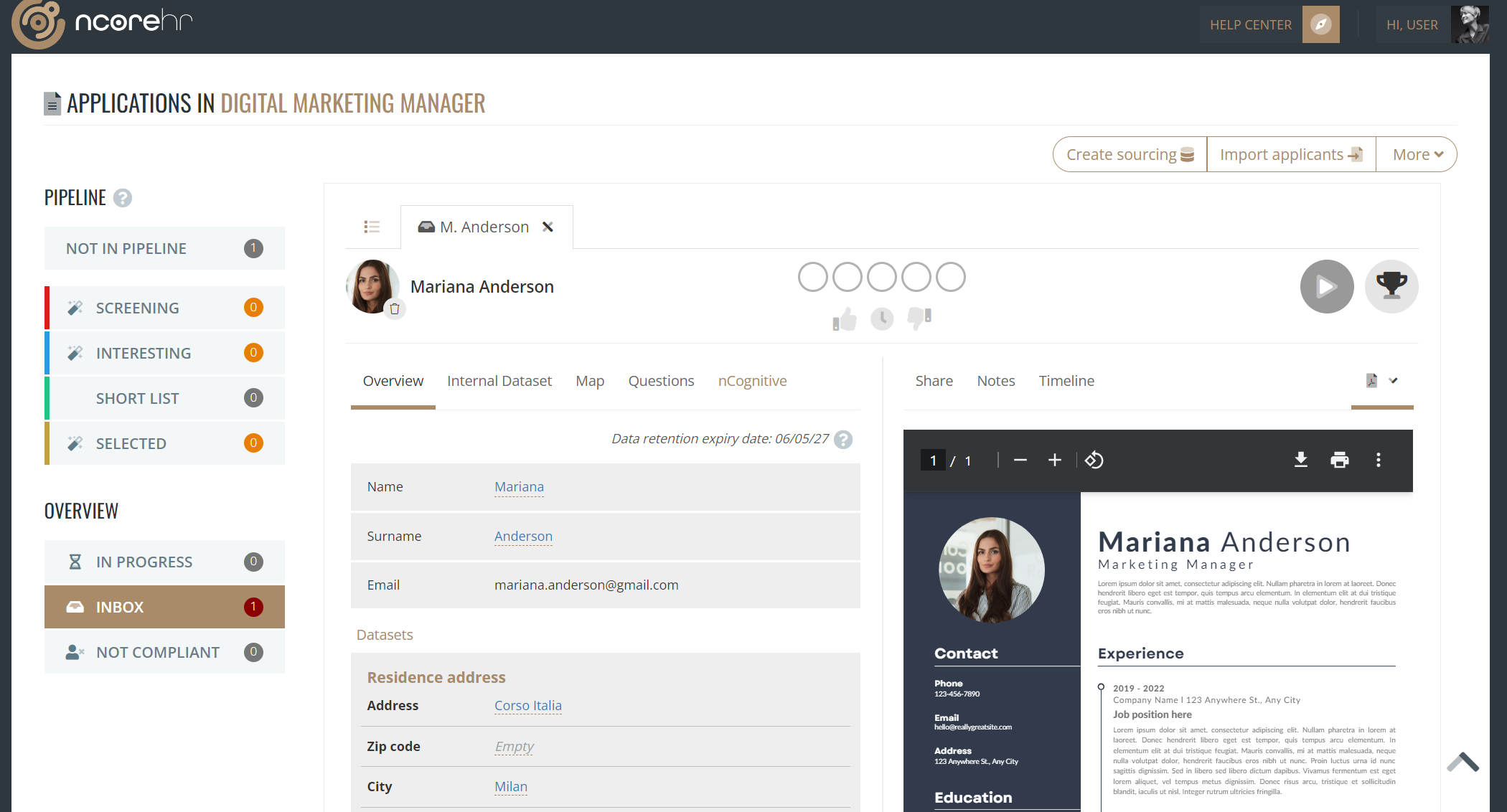 nCore HR screenshot: Overview candidate profile, hiring pipeline, sourcing.