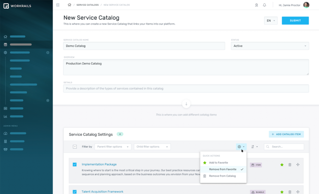 WorkRails screenshot: WorkRails new service catalog