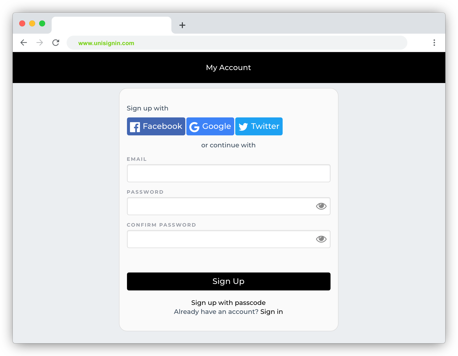 UniSignIn screenshot: UniSignIn account center and oauth