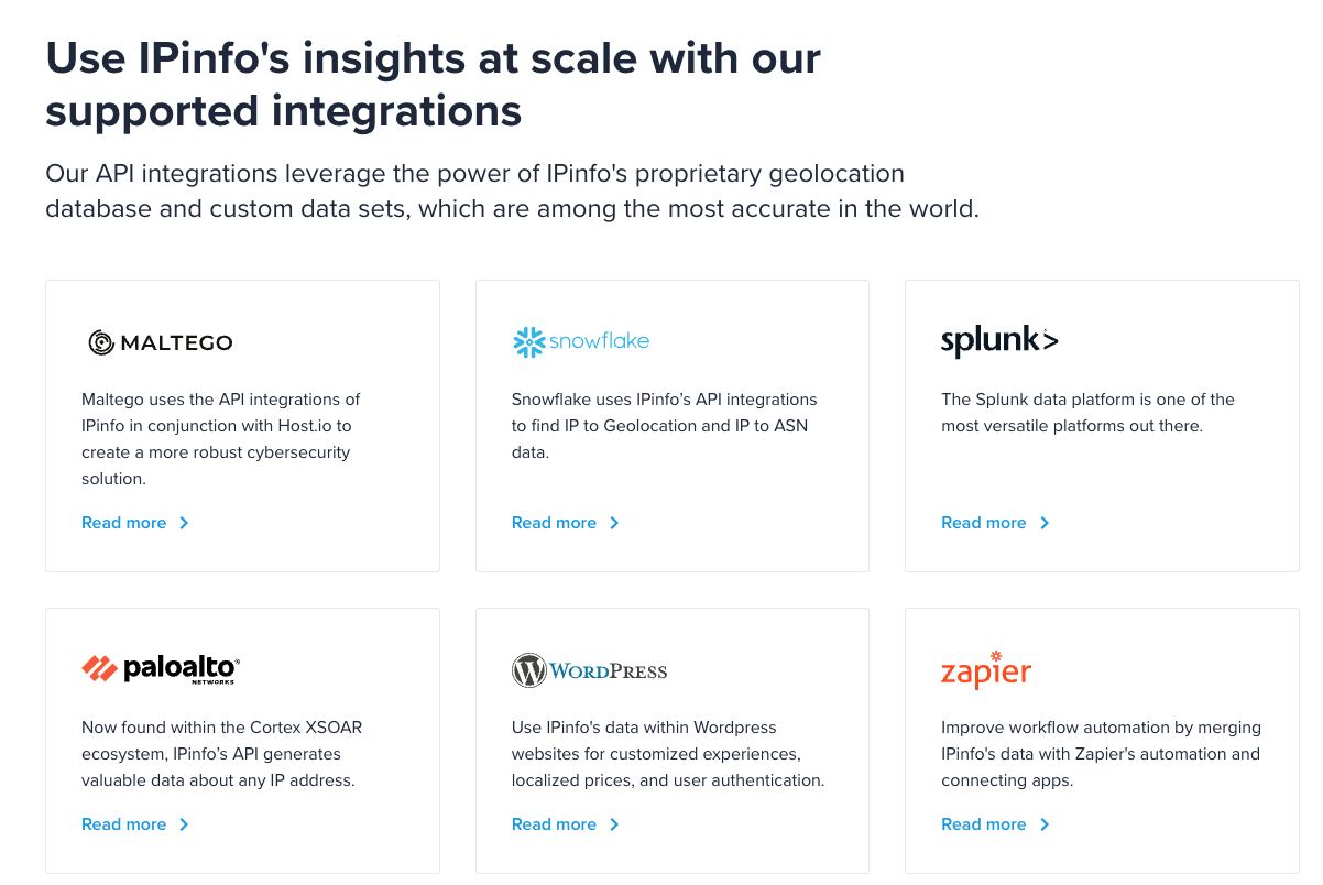 Explore IPinfo® integrations: Snowflake, Maltego, Zapier and more!