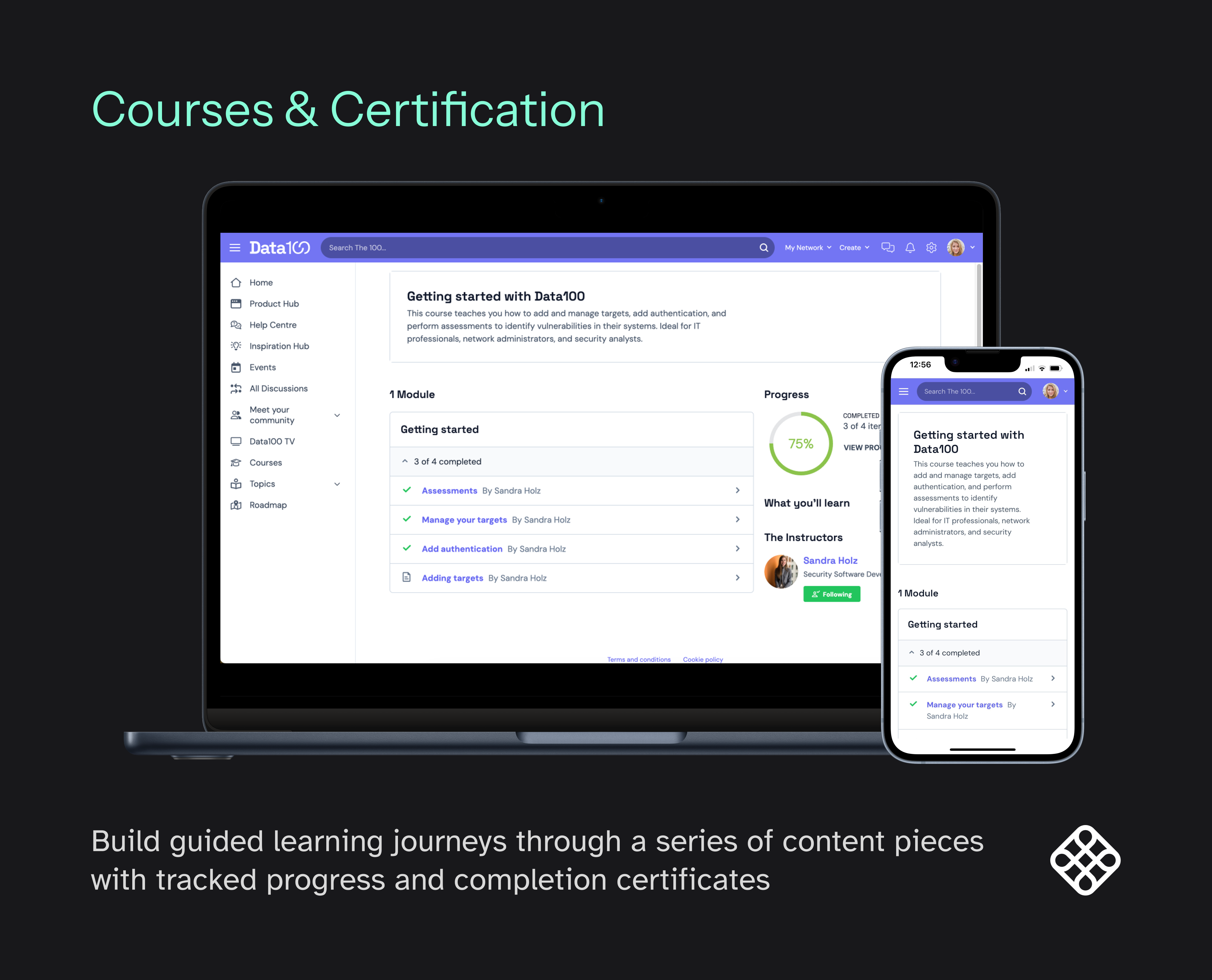 Build guided learning journeys through a series of content pieces with tracked progress and completion certificates