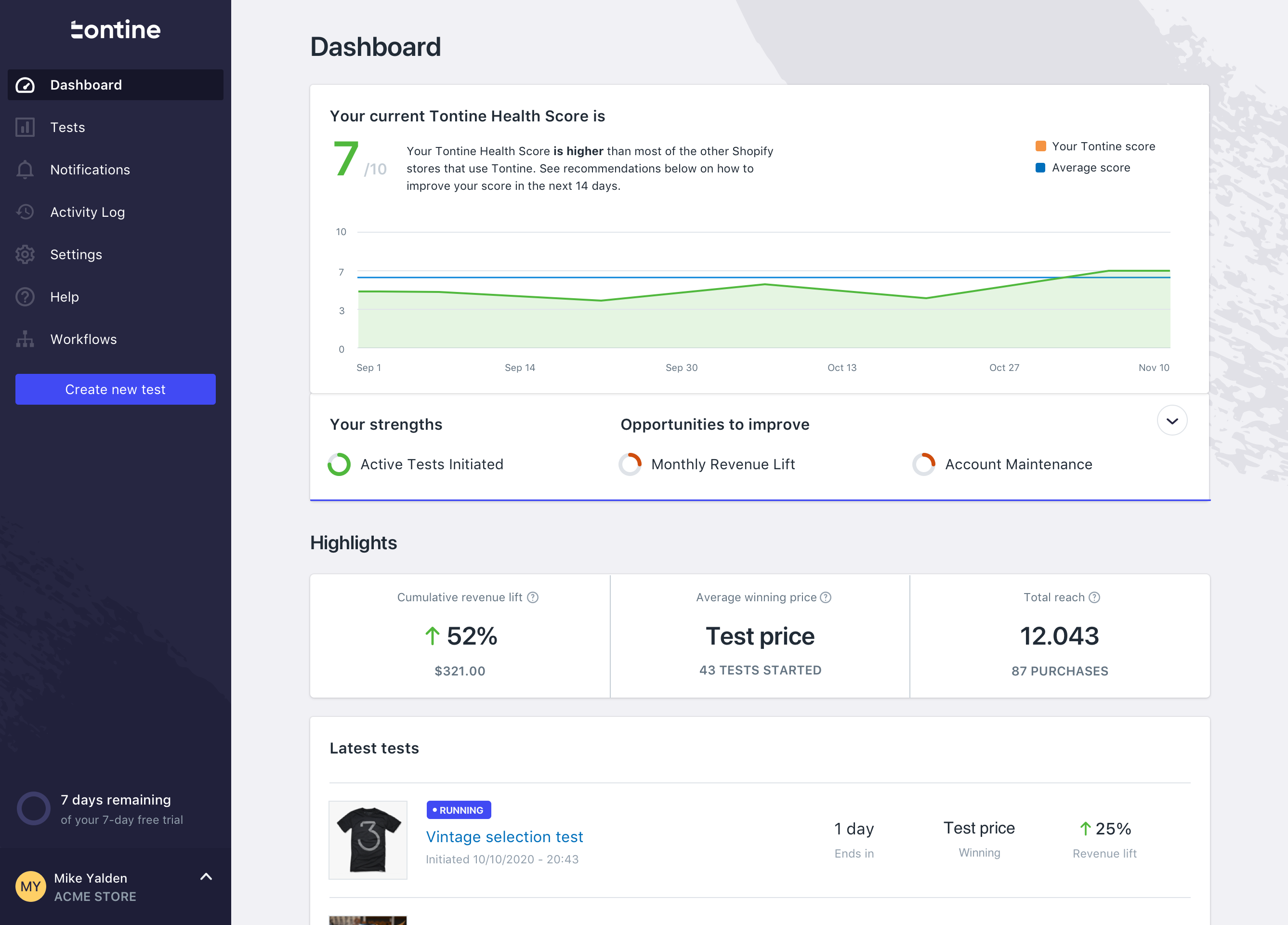 Tontine Software - Dashboard: See all of the latest updates and your current Tontine Health Score at a glance