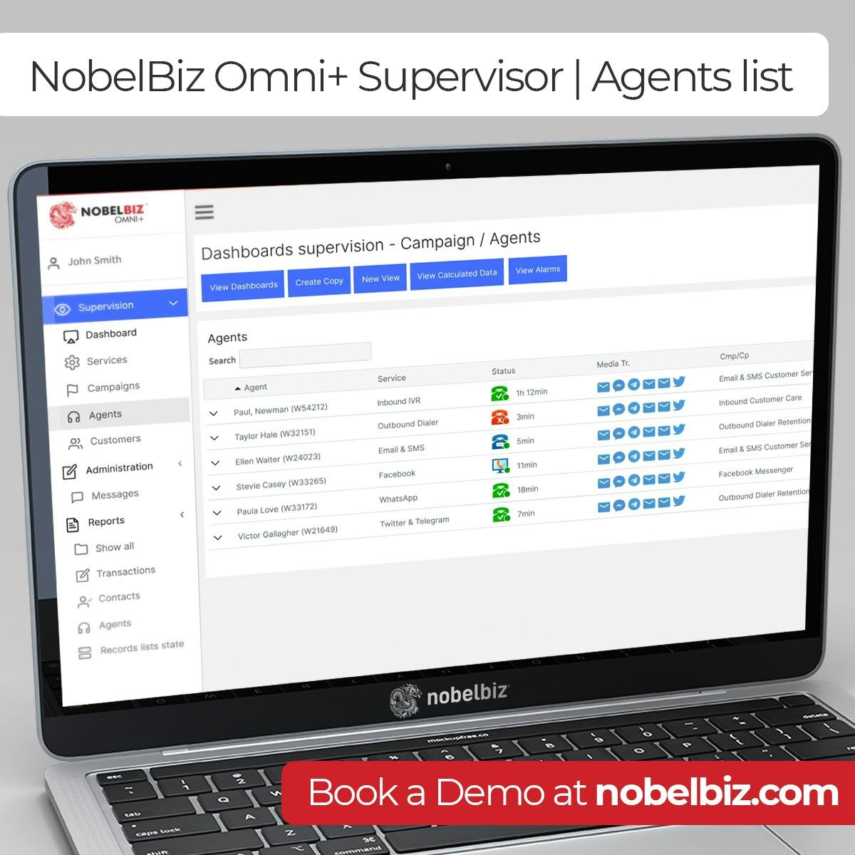 NobelBiz OMNI+ Software - One of the most advanced and ergonomic dashboards on the market, with an easy setup, modular frame, customizable windows, advanced supervisor-to-agent communication options, real-time KPI monitoring, and more…