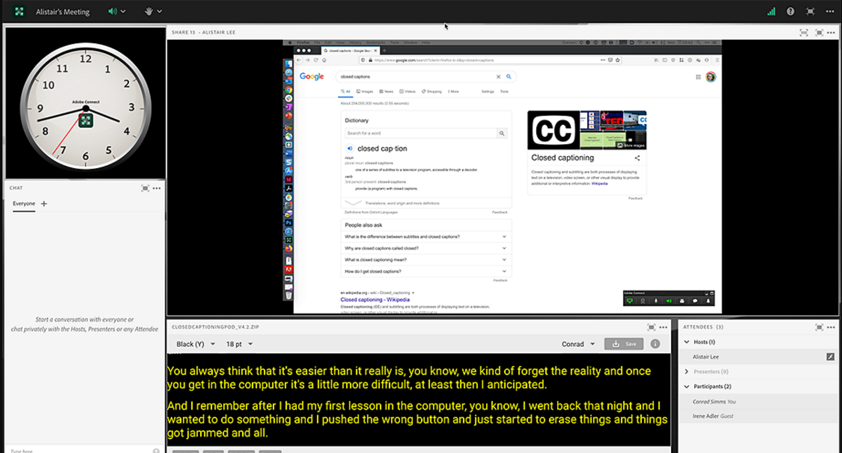 Adobe Presenter screenshot: Adobe Closed Captioning pod