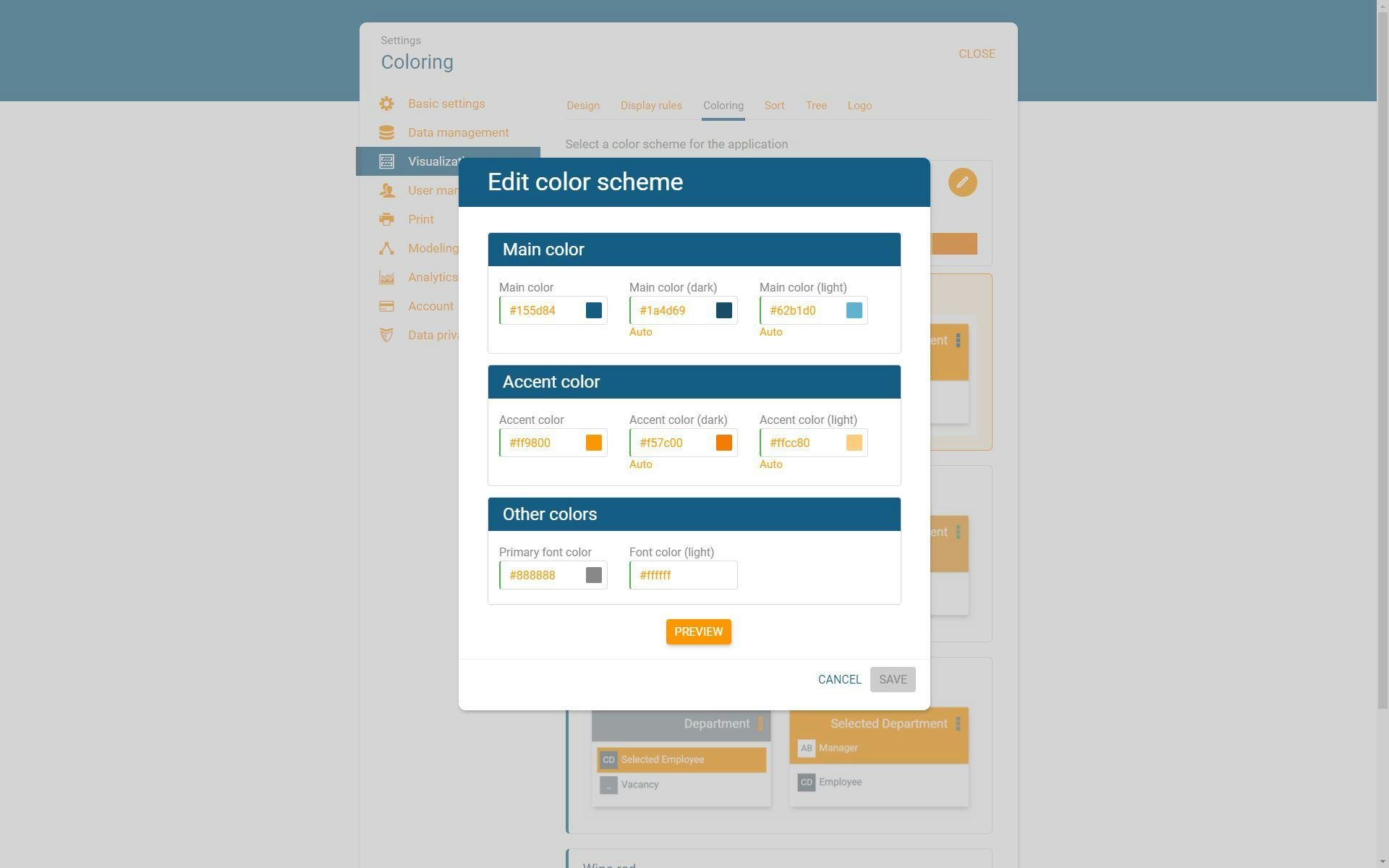 orginio Software - Individual definition of color scheme and content of the org chart boxes