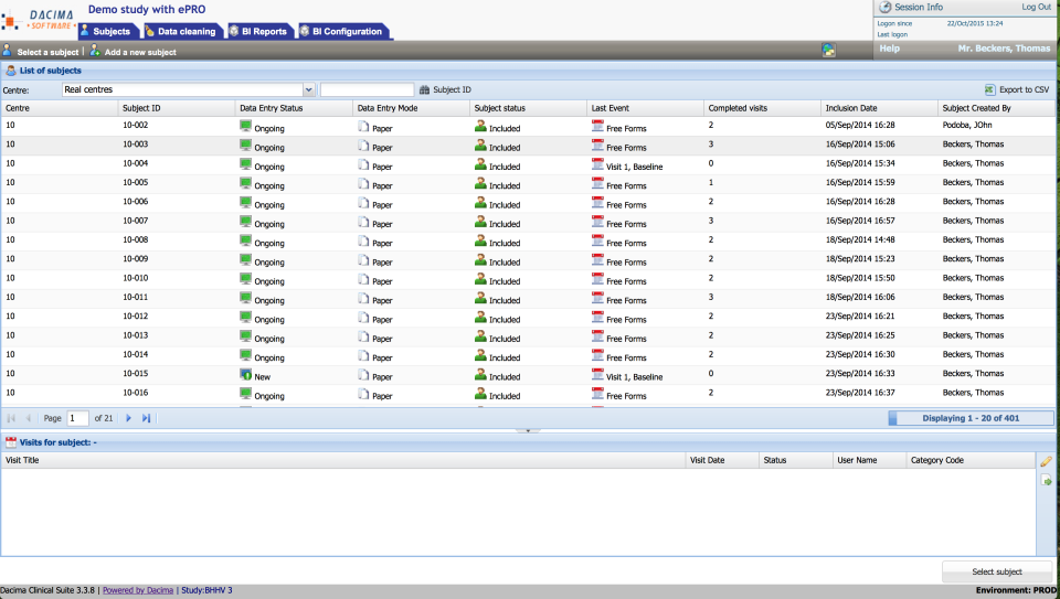Dacima Clinical Suite screenshot: Dacima Clinical Suite Subject selection screen
