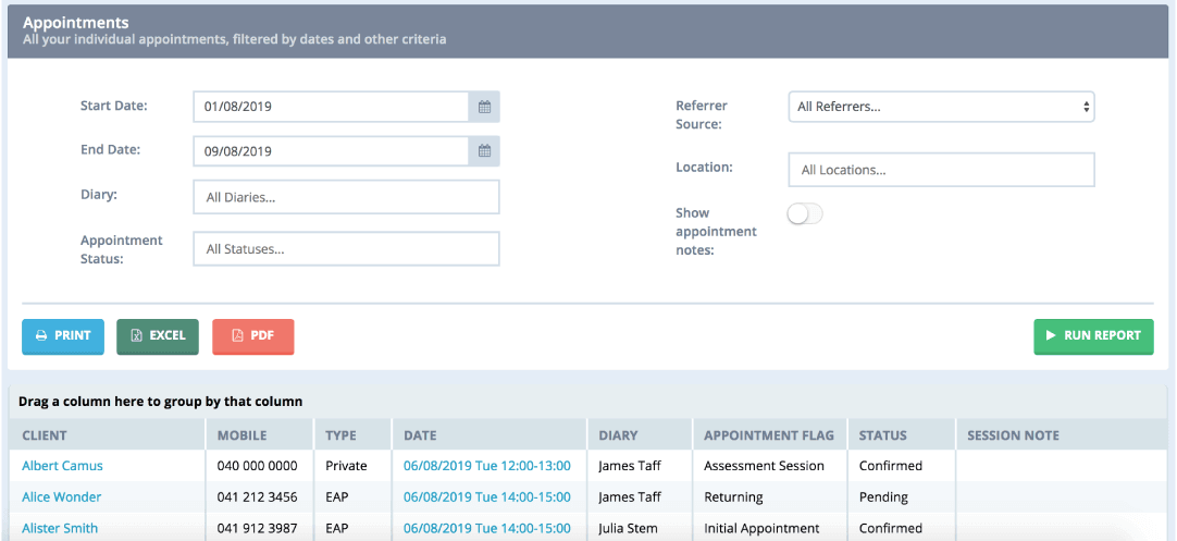 Power Diary client reports screenshot