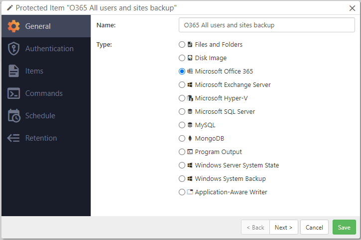 Comet Backup Software - Select a new protected item