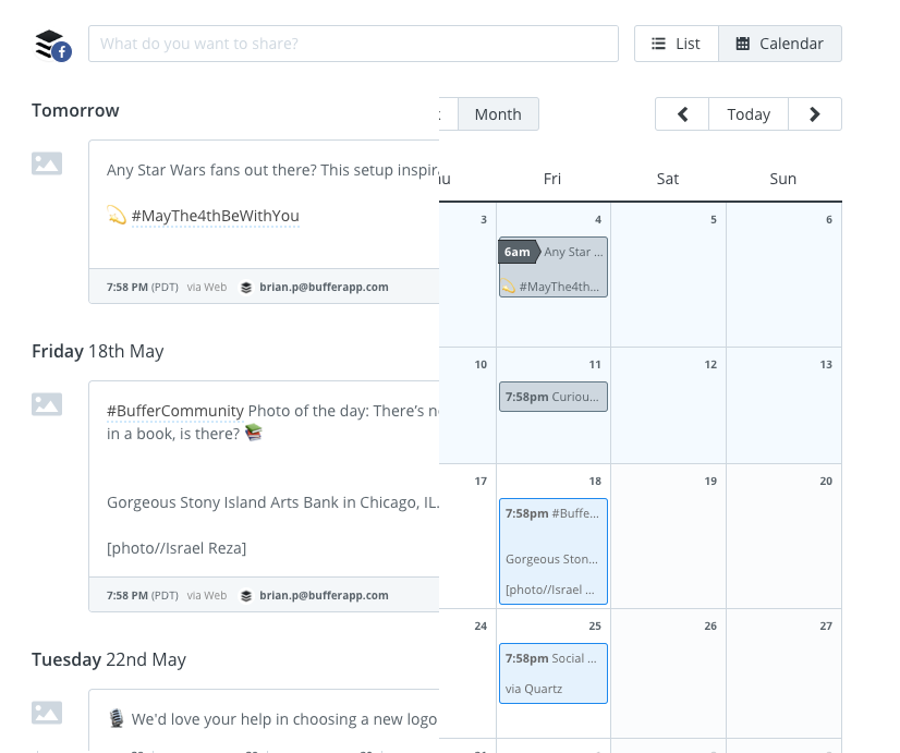 Buffer Software - View scheduled posts as a list or on a calendar
