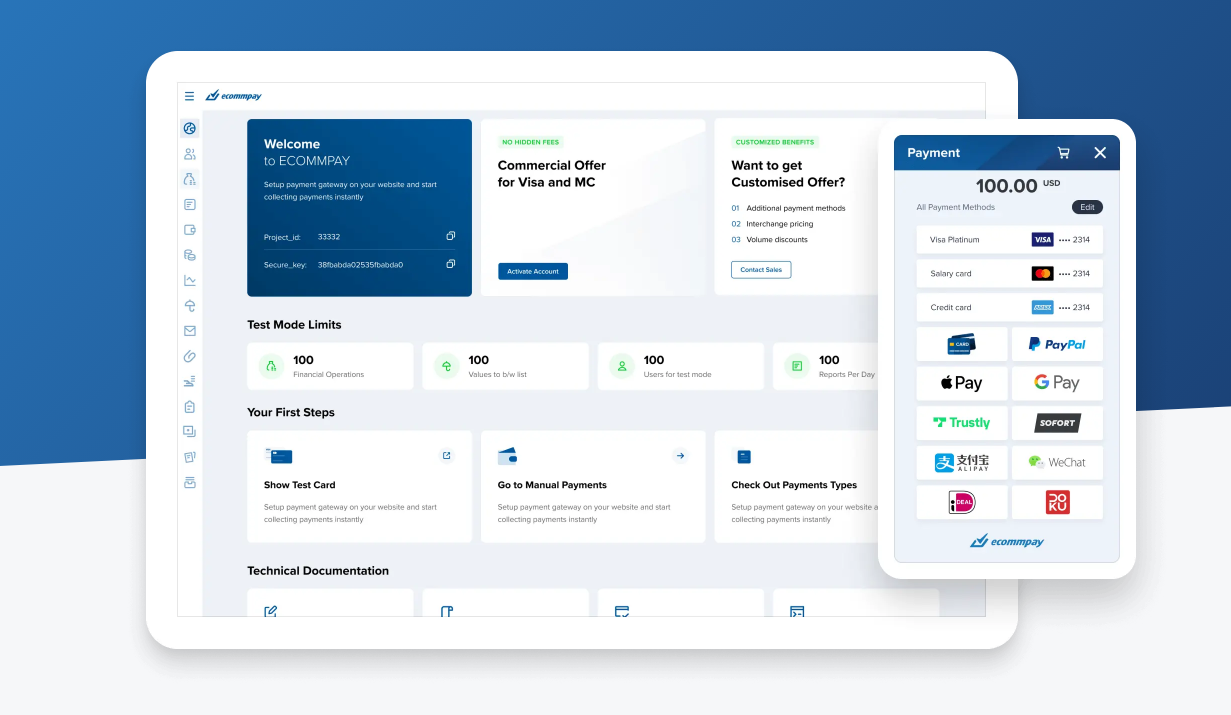ECOMMPAY Dashboard and Payment page.