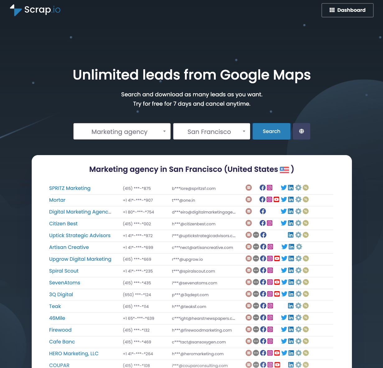Scrap.io screenshot: Try our search engine for free on the homepage.