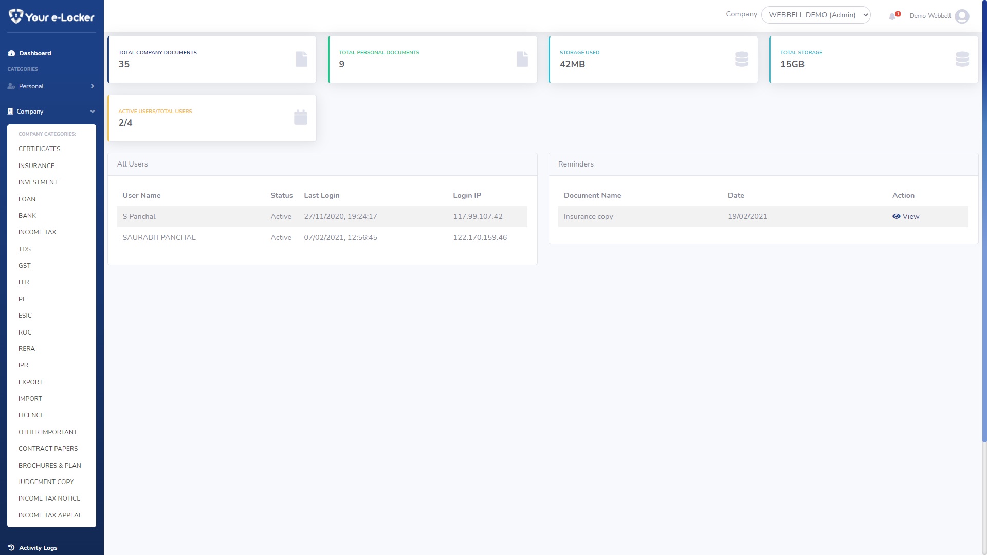 Your e-Locker screenshot: Predefined Structure - Catagories