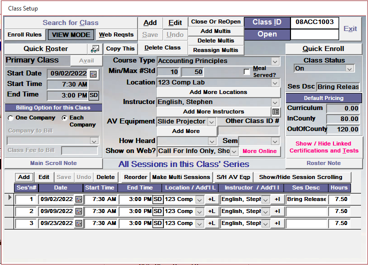 Class Registrar screenshot: Class Setup with assigned instructors, classroom locations, conflict checking and multiple session tracking.