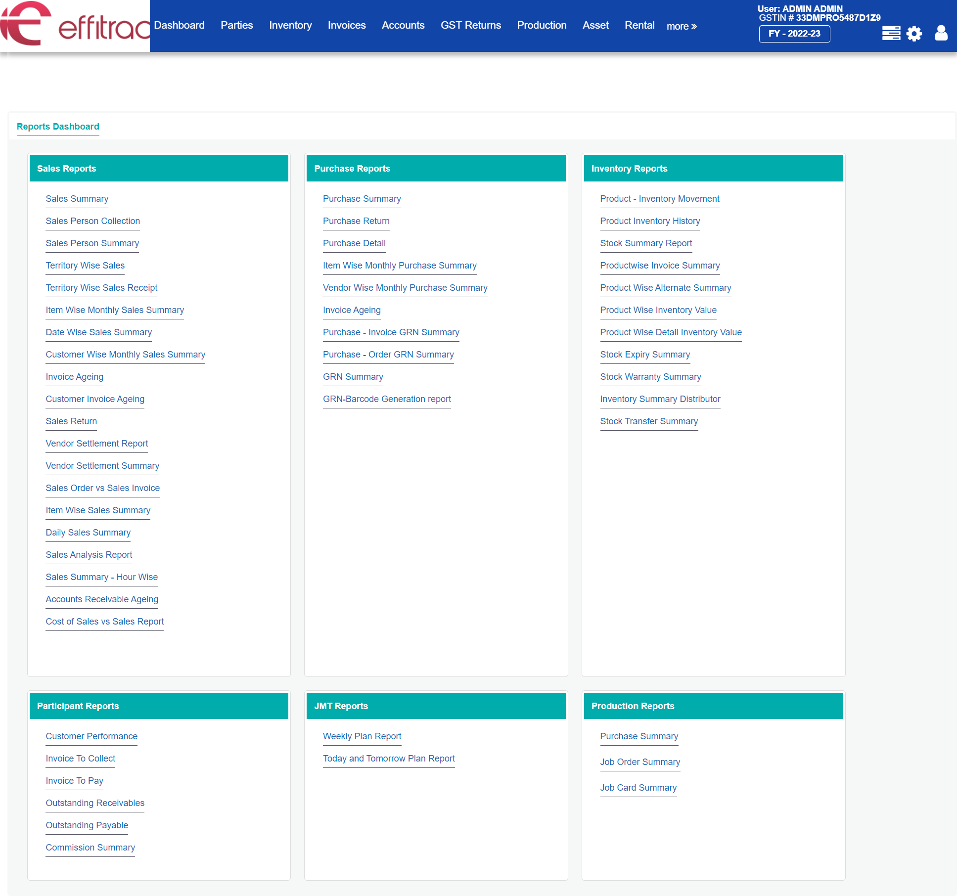 effitrac Accounting Software Software - Dashboard - Reports