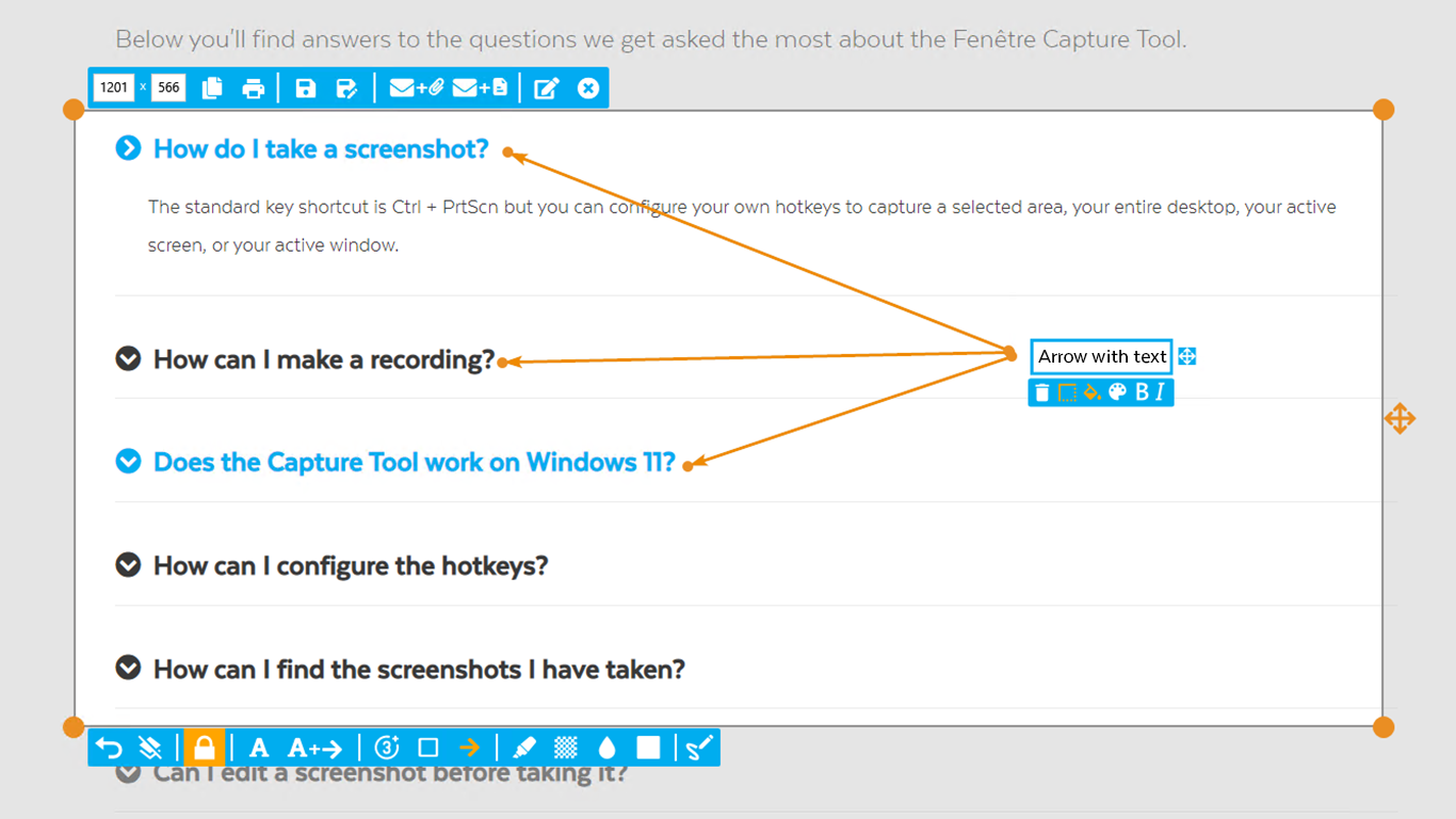 Fenêtre Capture Tool Software - Arrow with text functionality: add text with an arrow in one click!