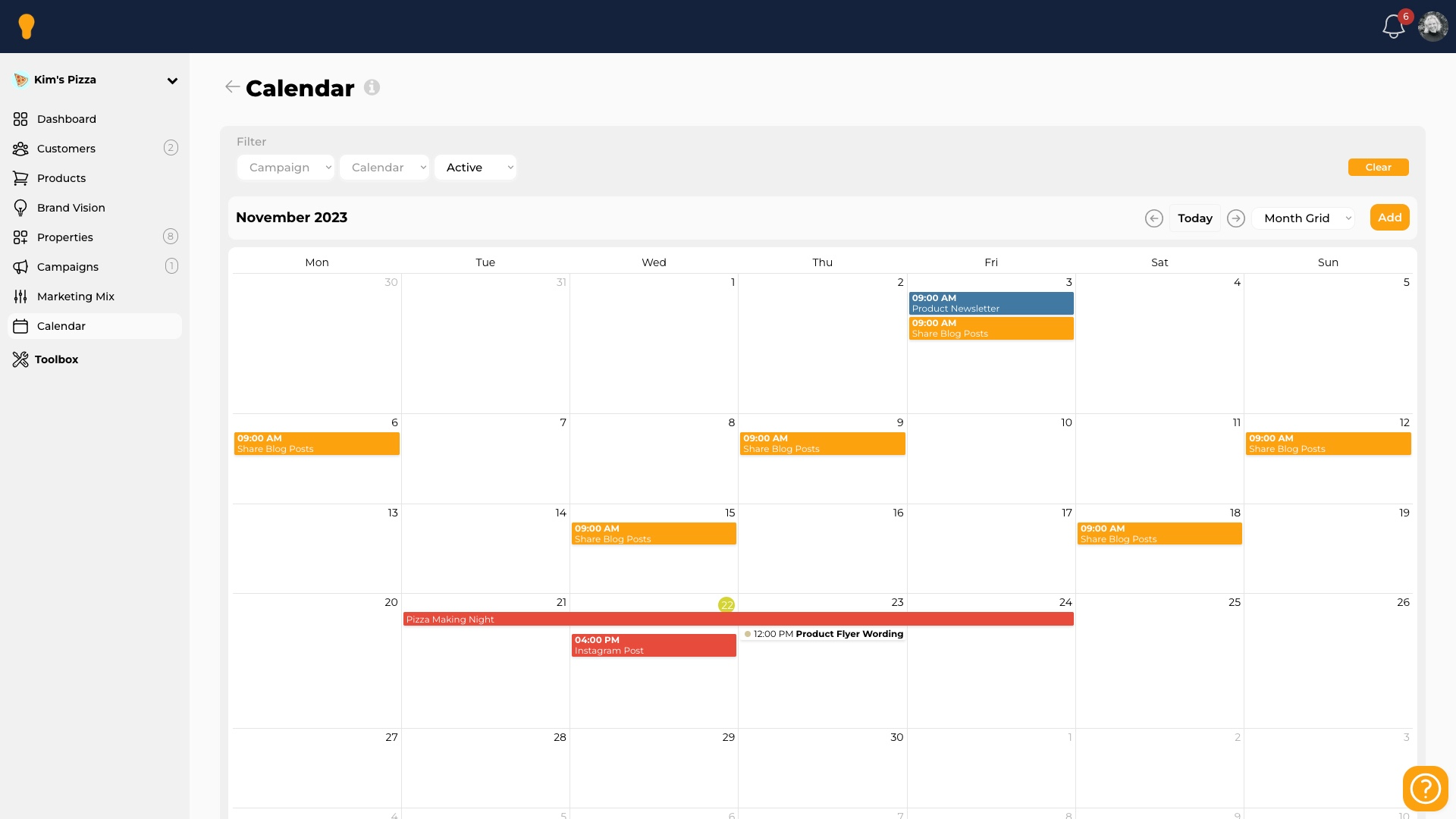 Use the marketing calendar to plan and track delivery of your marketing strategy. 