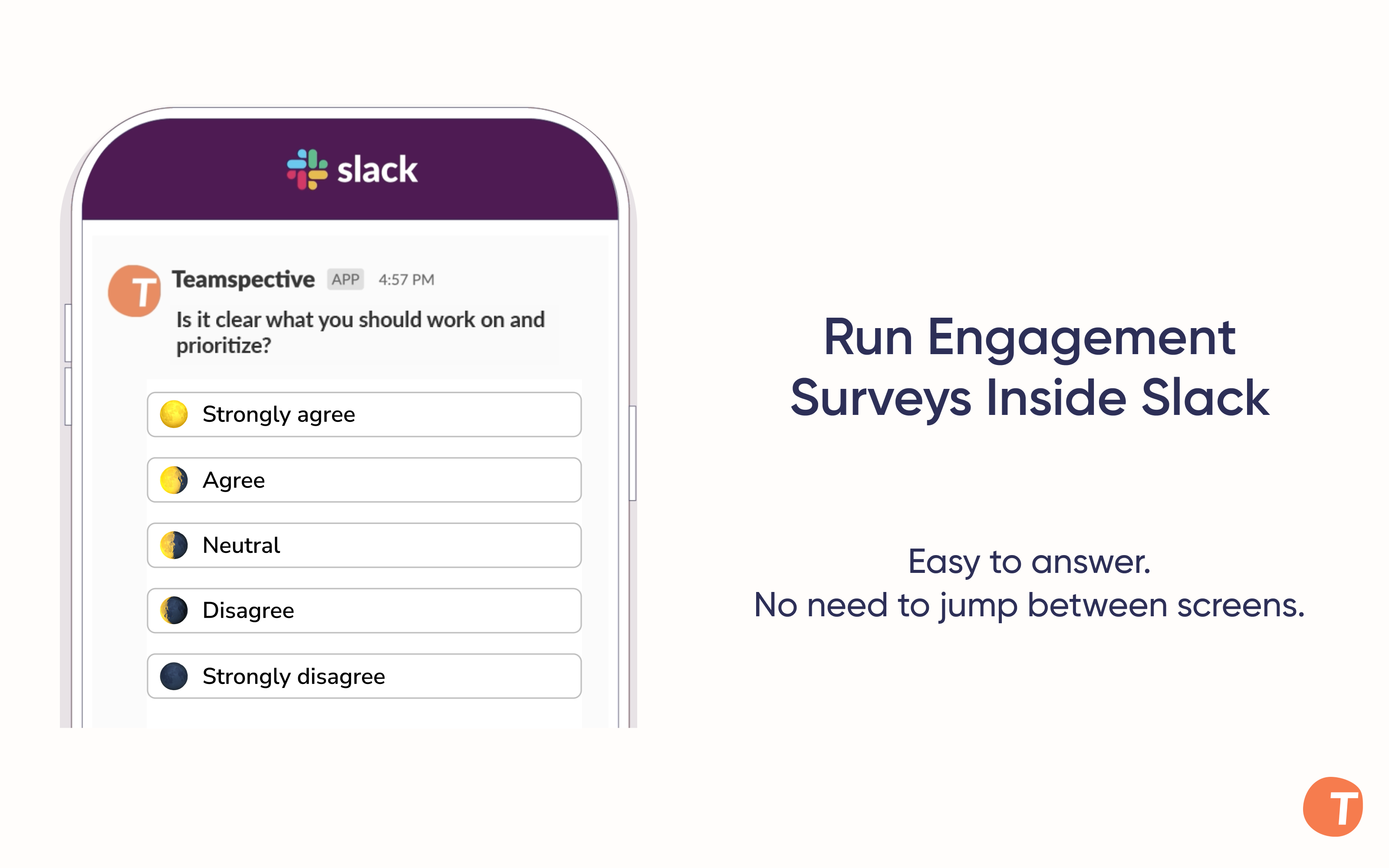 Teamspective screenshot: Answer engagement surveys directly in Slack or MS teams (in under 30 seconds).