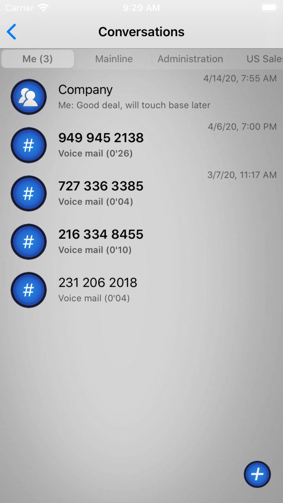 Unified conversations view for calls, messages and voice mails