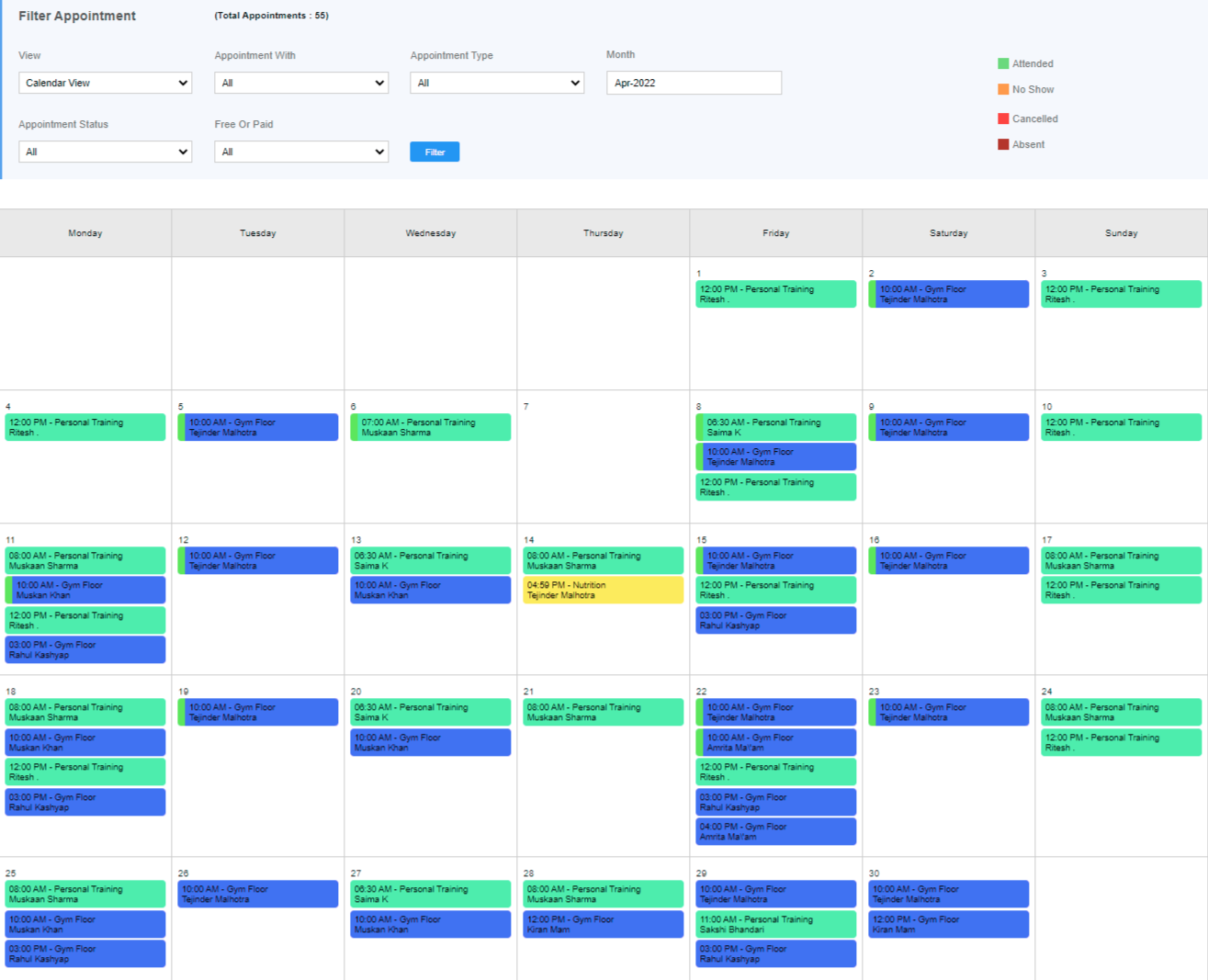 Gymex Club Management Software Personal Training Calendar