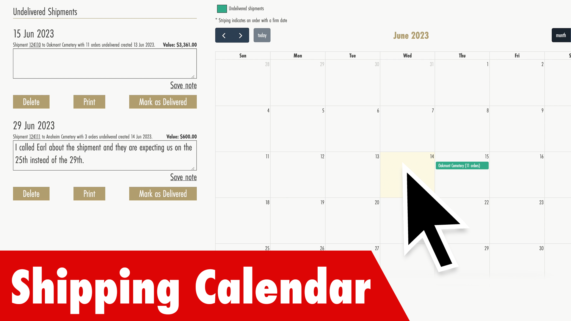 The Shipping Calendar is designed to make the big project of delivering each finished monument to the cemetery easier and more organized.