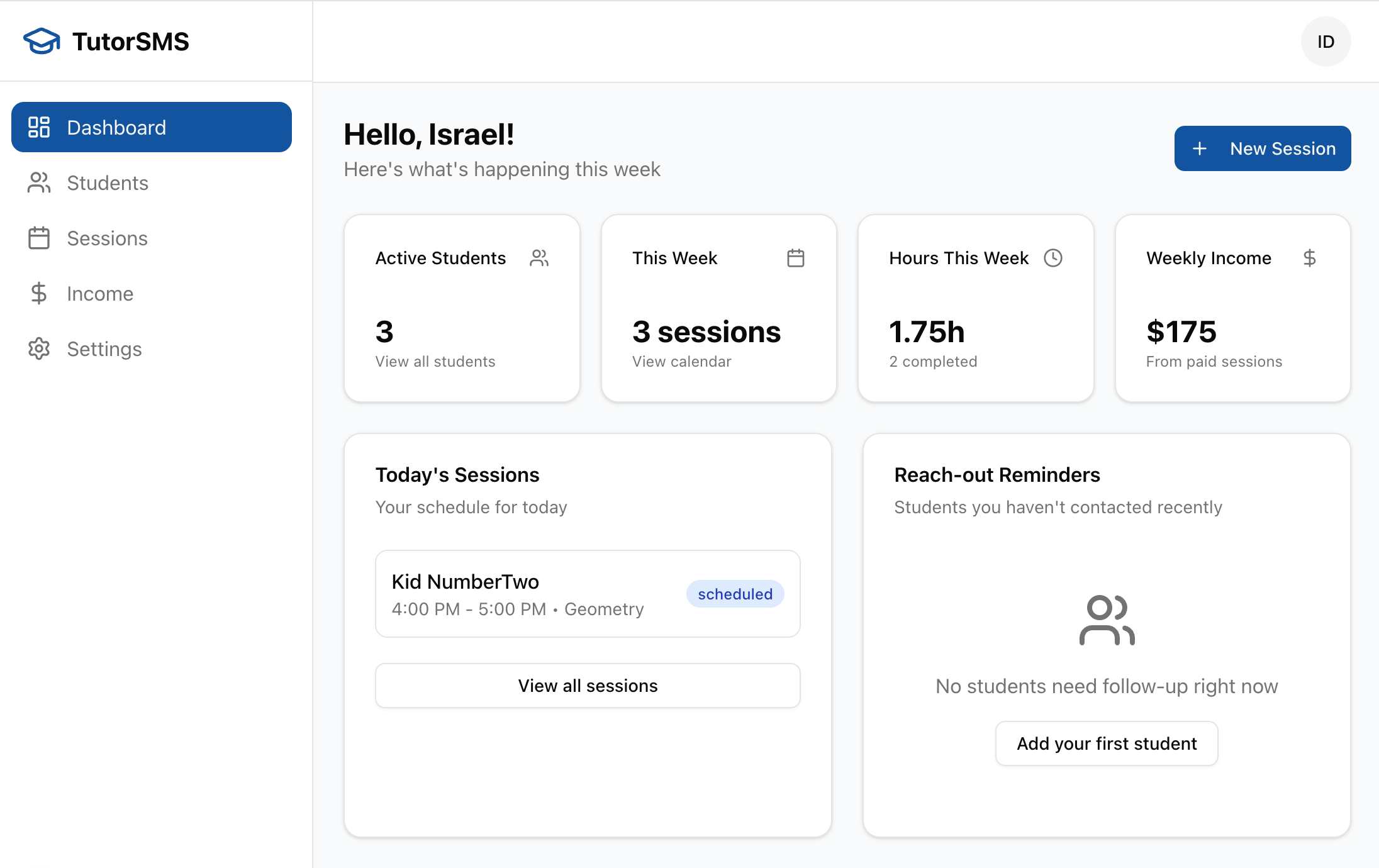TutorSMS screenshot: TutorSMS dashboard