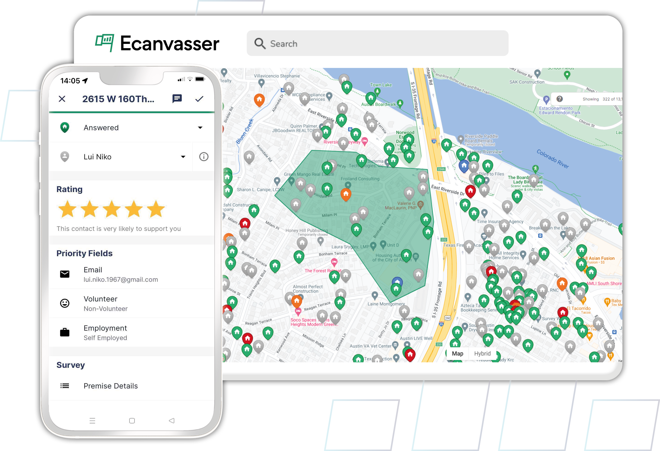 Ecanvasser screenshot: Plan and manage all aspects of your canvassing - saving hours of time and increasing supporter engagement.