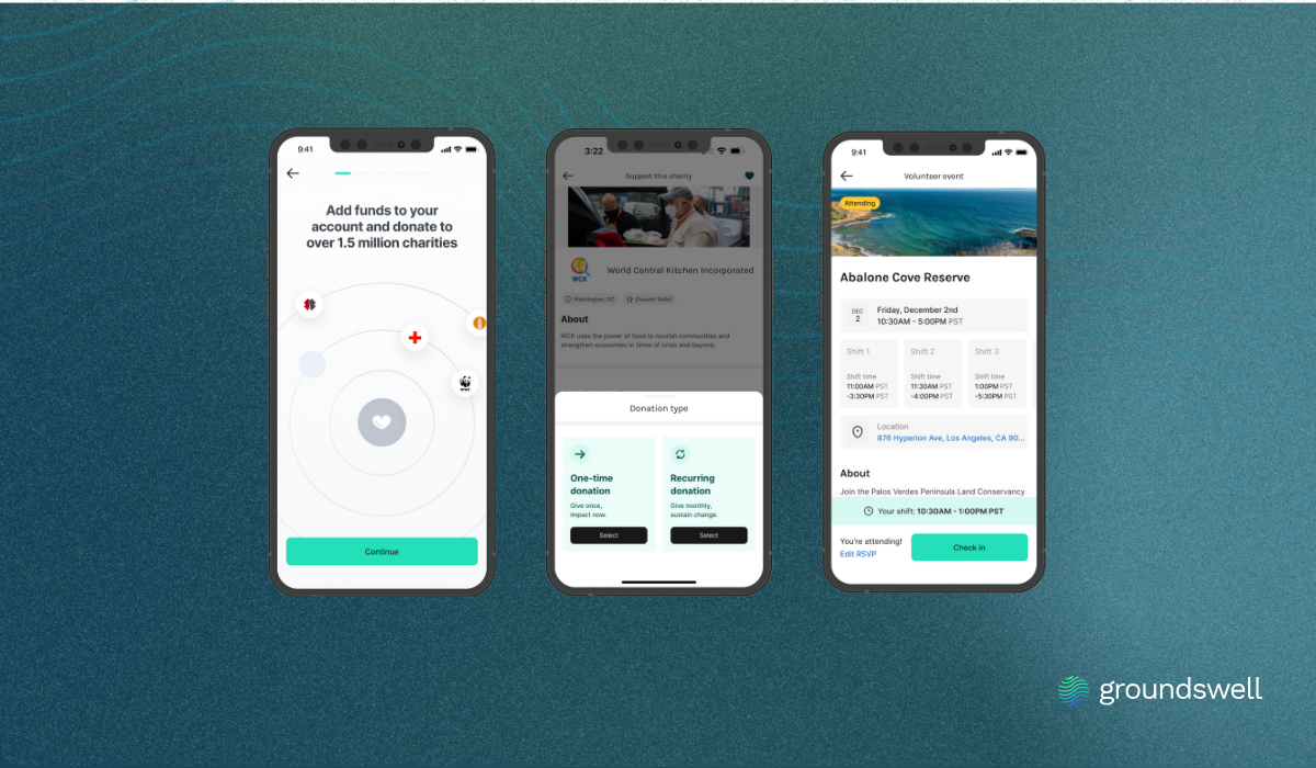 Groundswell screenshot: Groundswell employees can donate, log hours, and join campaigns in just a few taps