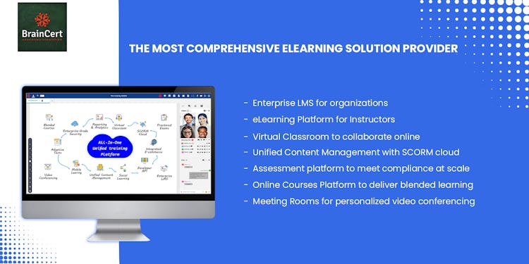 BrainCert screenshot: BrainCert offers all the essential building blocks to create a robust and cost-effective eLearning ecosystem in the cloud without worrying about scalability, performance and security posture.