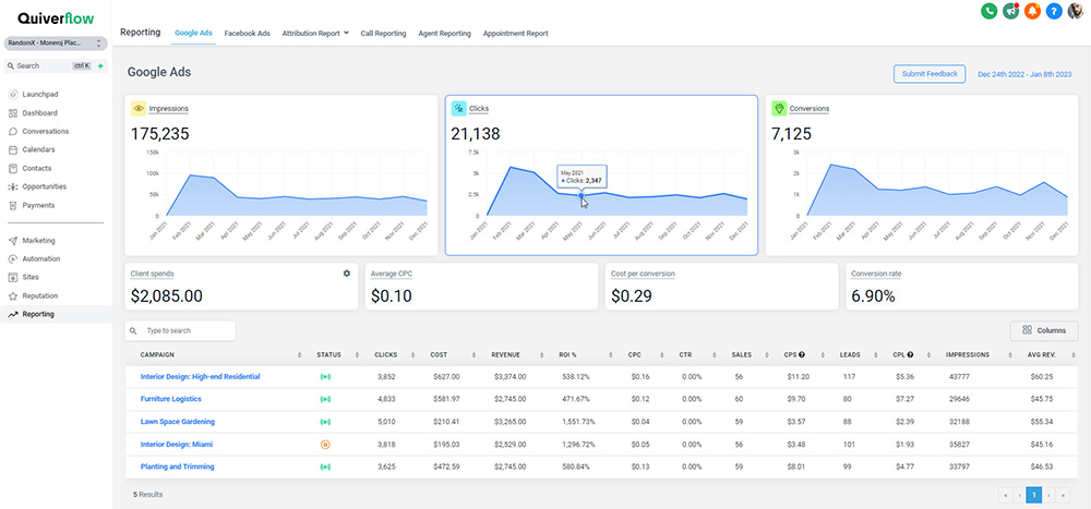 Quiverflow screenshot: Quiverflow reporting