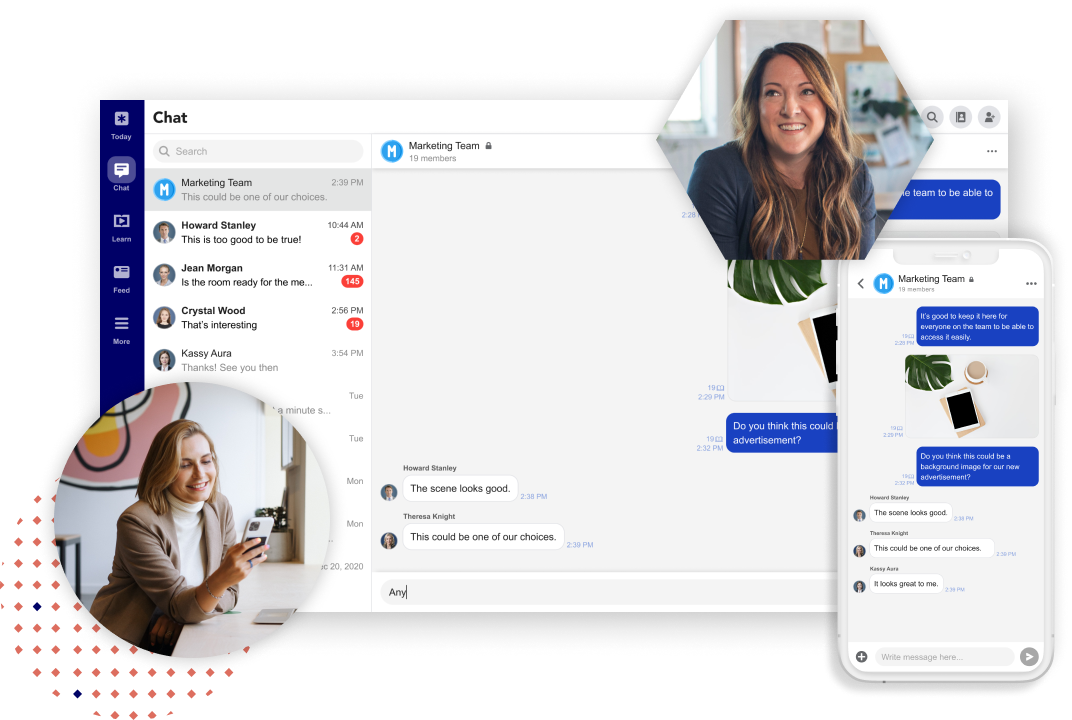 Chat - Secure business chat conversations allow multiple teams to discuss various topics simultaneously and privately.
