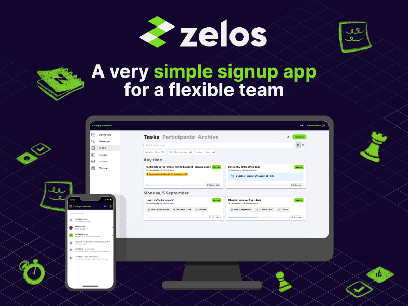 Zelos Team Management screenshot: A very simple signup app for a flexible team.