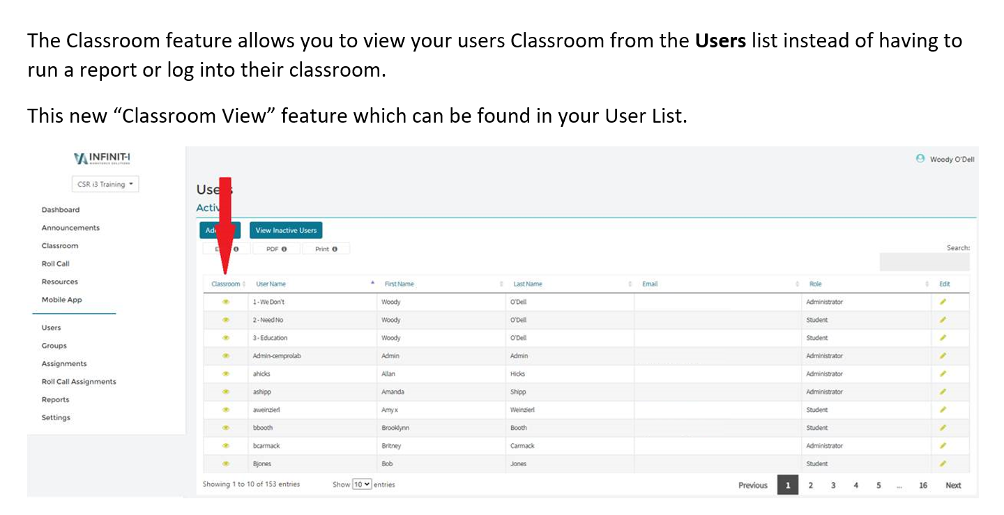 Classroom user list