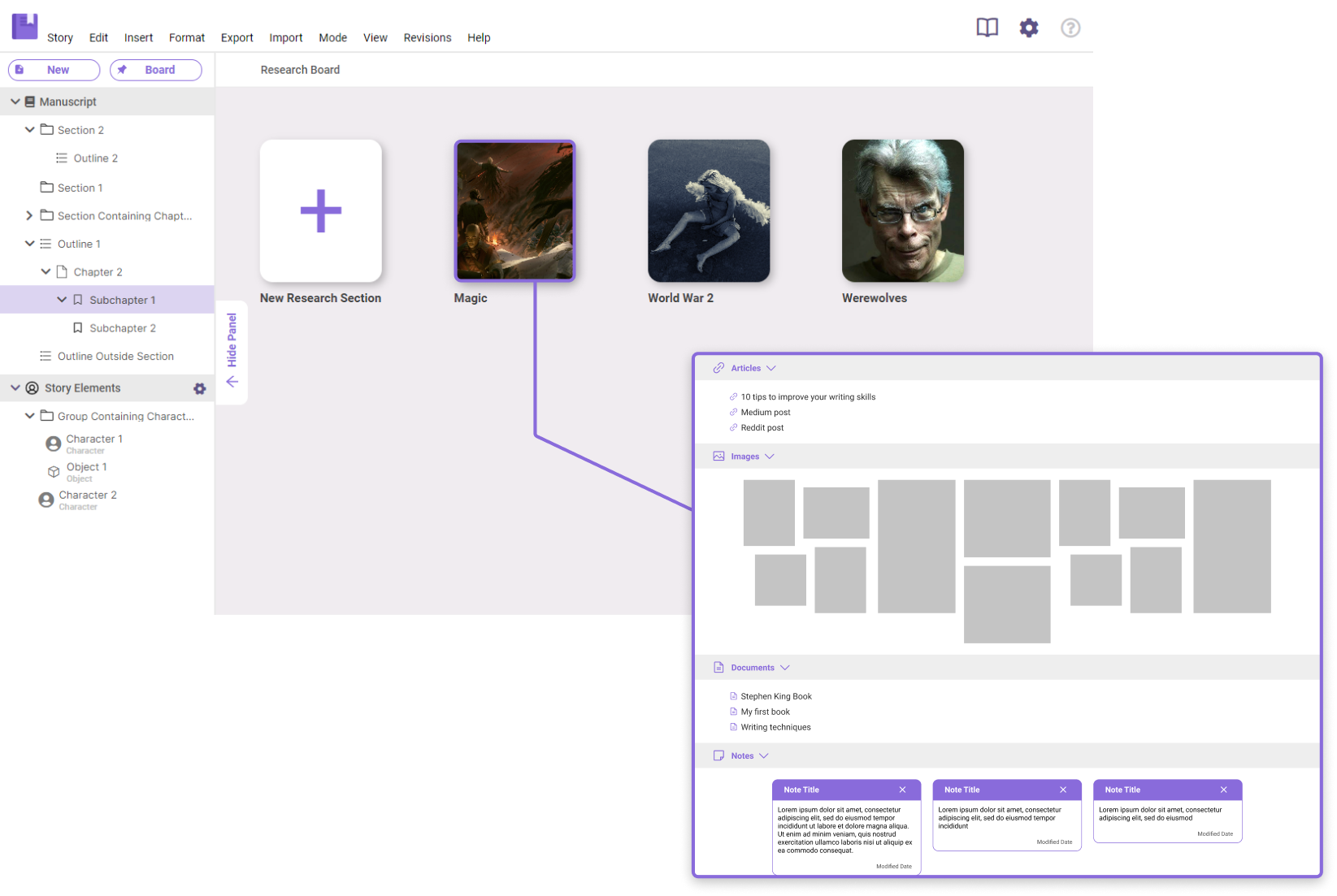 LivingWriter screenshot: LivingWriter research board