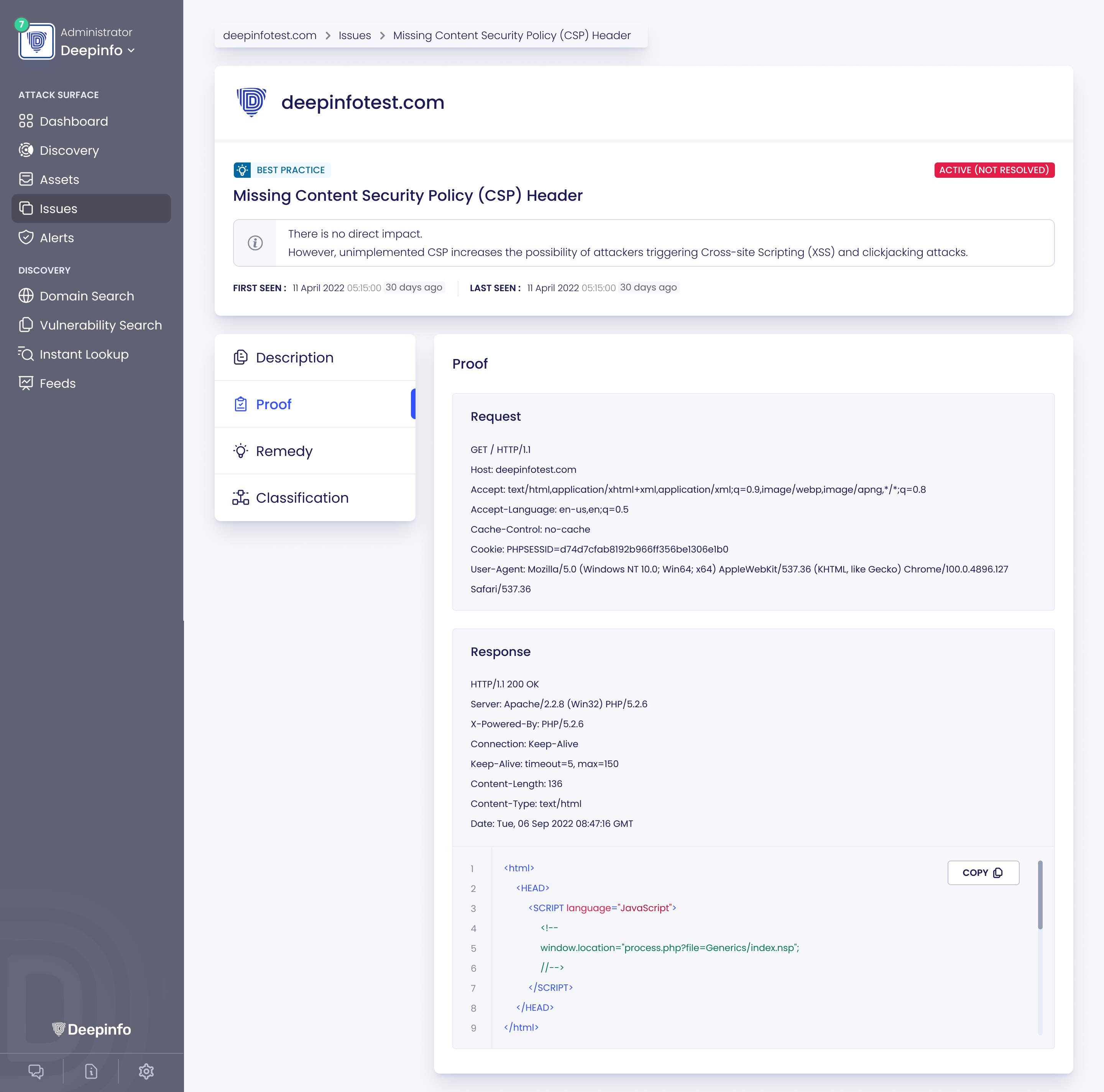 Deepinfo Attack Surface Platform Software - Issues Detail Page