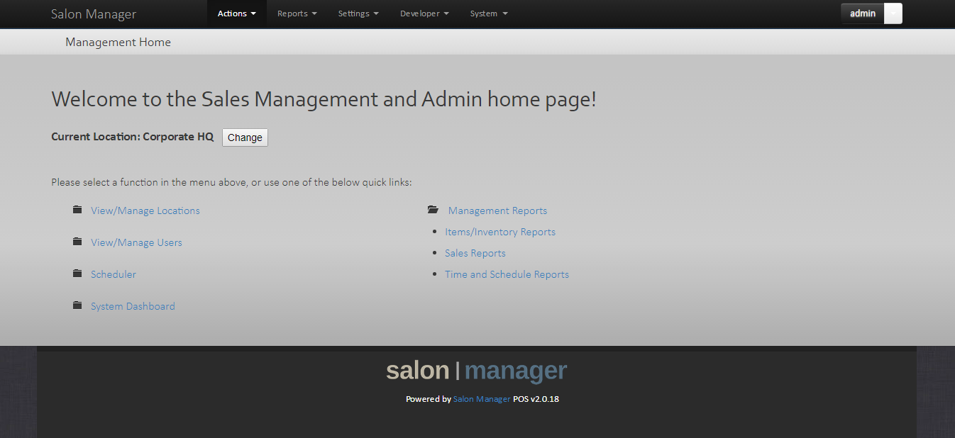Admin homepage