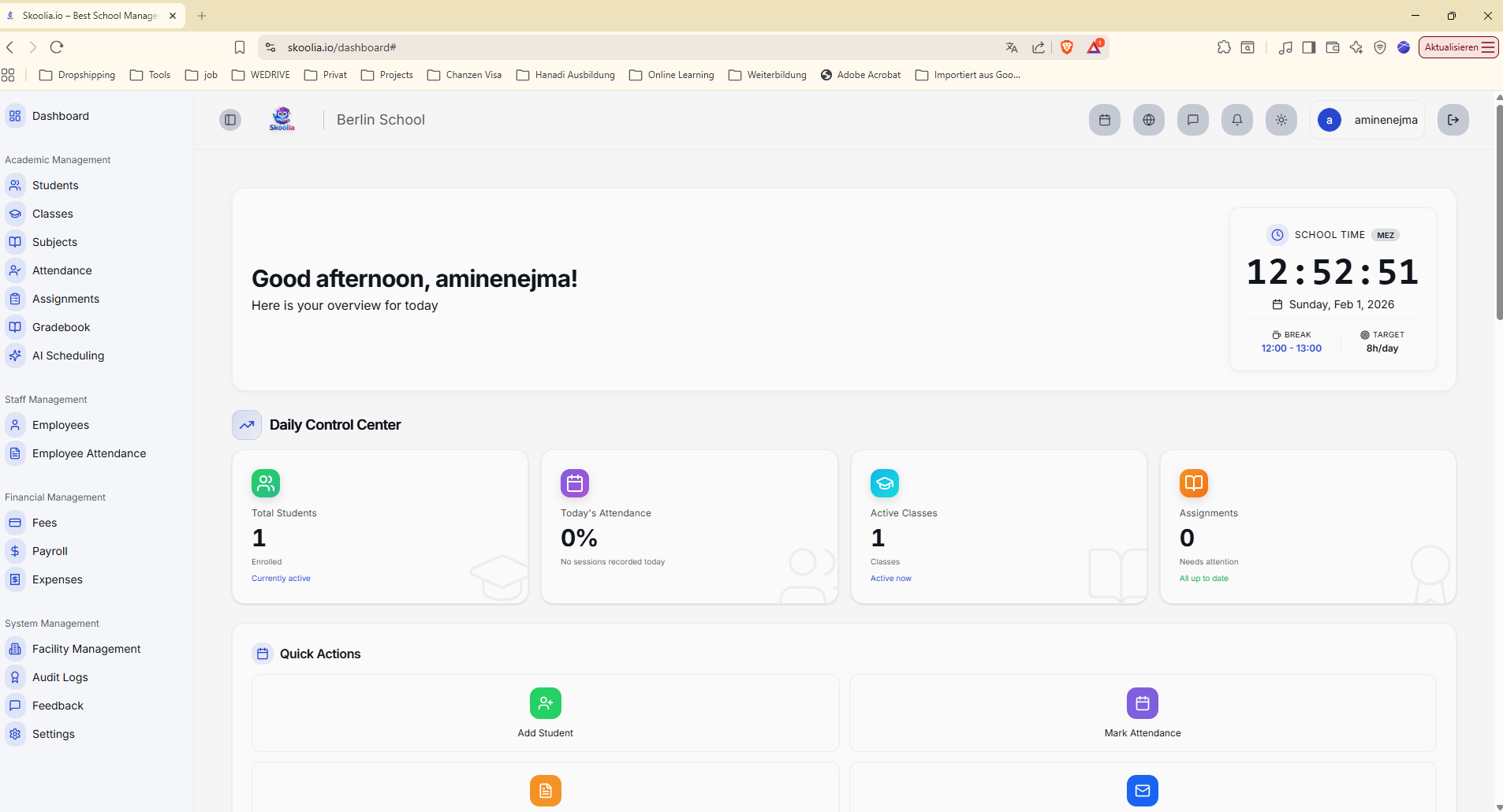 Skoolia screenshot: Skoolia dashboard