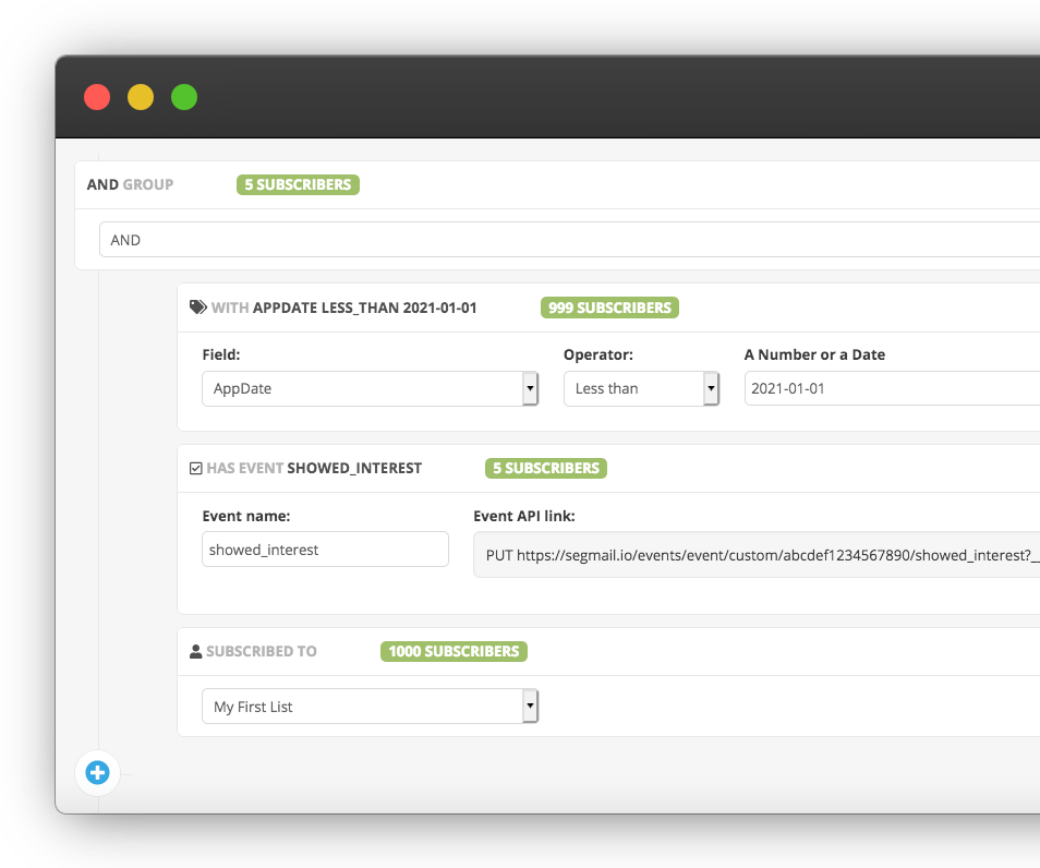 Segmail screenshot: Segmail customer segments