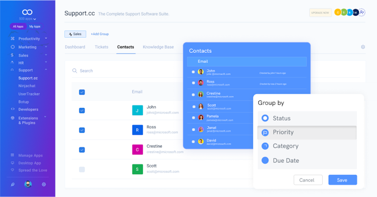 Support.cc screenshot: Contact management software offers features that will assist you in managing your clients and expanding your business.