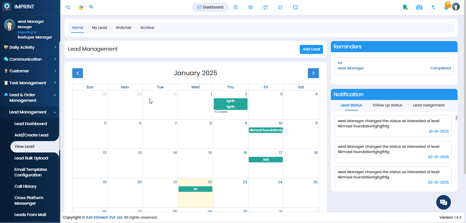 IMPRINT Software - A structured view of assigned tasks with status indicators (pending, in progress, completed). The panel includes options to assign, edit, and track tasks, ensuring efficient field force management.