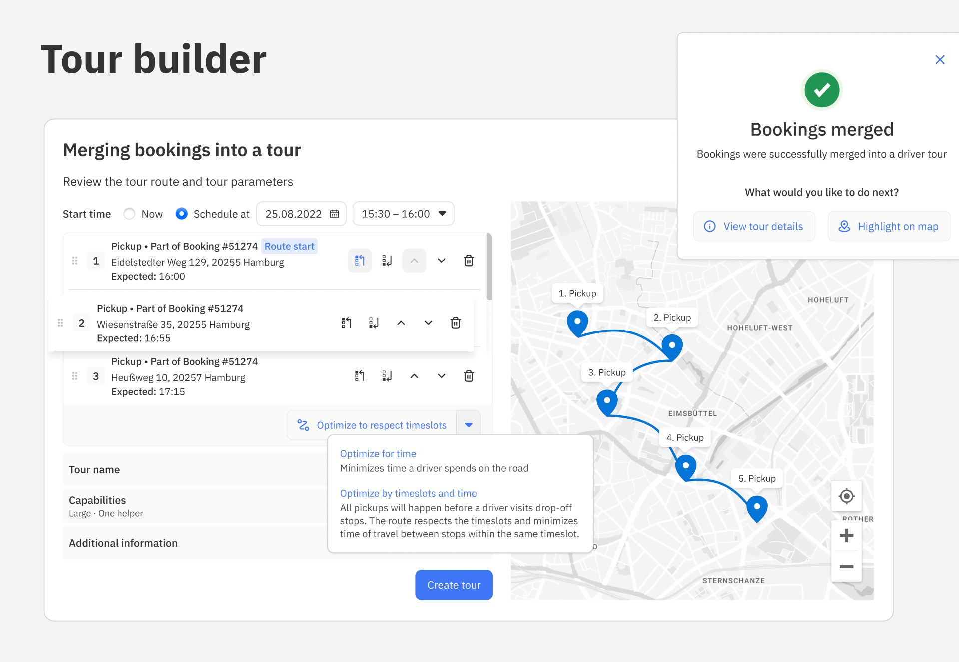 The Tour builder is a set of features that allows a Dispatcher to bundle multiple incoming jobs into optimized tours before handing it over to the workforce.