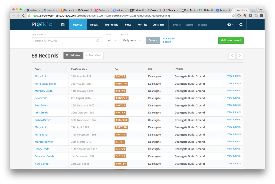 Plotbox Software - Records can also be displayed within a list view, organized by family name and searchable across multiple sites and facilities