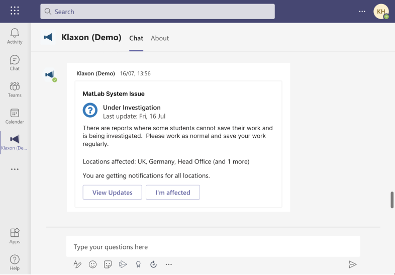 Klaxon MS Teams Bot - communicating incidents with the tool your staff are familiar with
